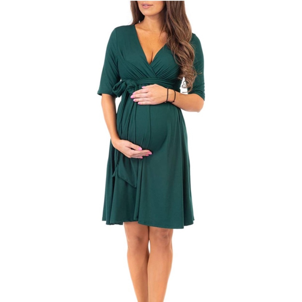 Hunter Green Mother Bee Maternity Knee Length Wrap Dress with Adjustable Belt